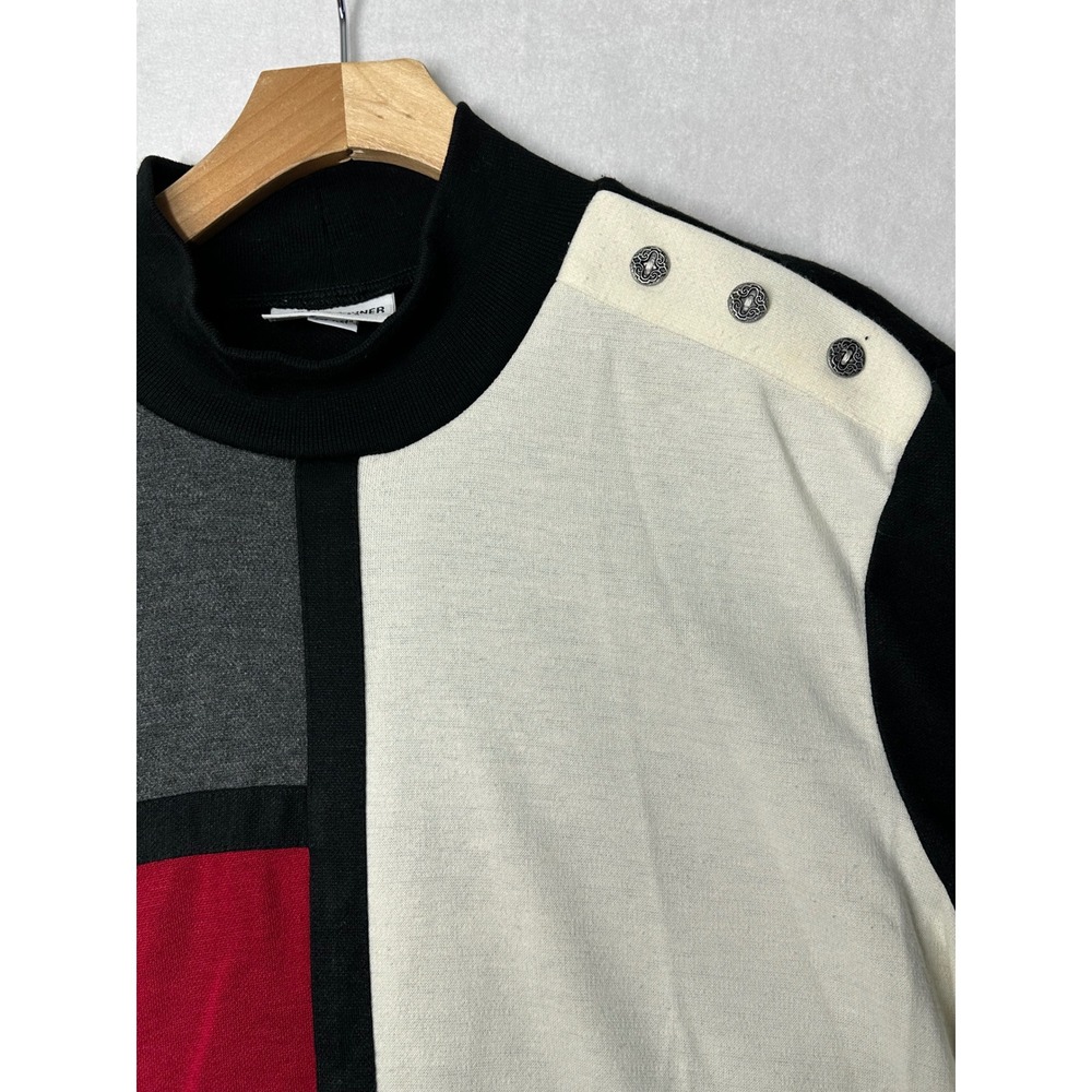 Alfred Dunner Vintage Colorblock Mock Neck‎ Pullover Top Button Shoulder 2X USA
